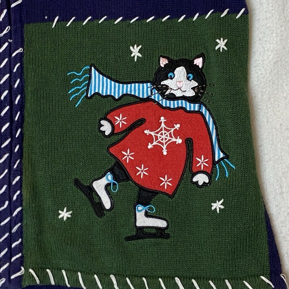 Vintage Blair Christmas Sweater Vest Womens S Blue Cat Winter Patchwork Grandma - Picture 4 of 13